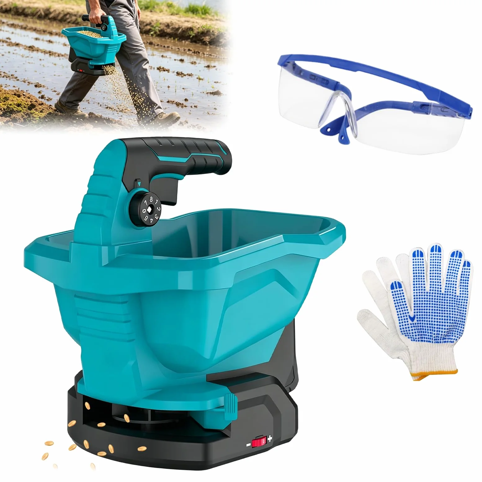 Esparcidor de abono a batería Makita con batería de 18 V, portátil, con 8 niveles de dispersión, 6 velocidades, 3,3 L, universal para semillas de césped, fertilizantes, piensos, sal de carretera (sin