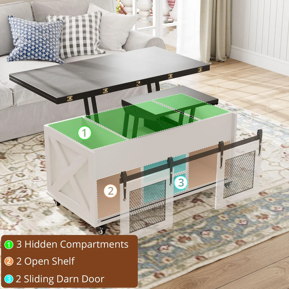 VOWNER Mesa de Centro Elevable, Mesa Extensible, Multifuncional 4 en 1 con Ruedas & Almacenamiento Oculto - Comedor, Convertible, Estilo Granja, Nogal (Negro)