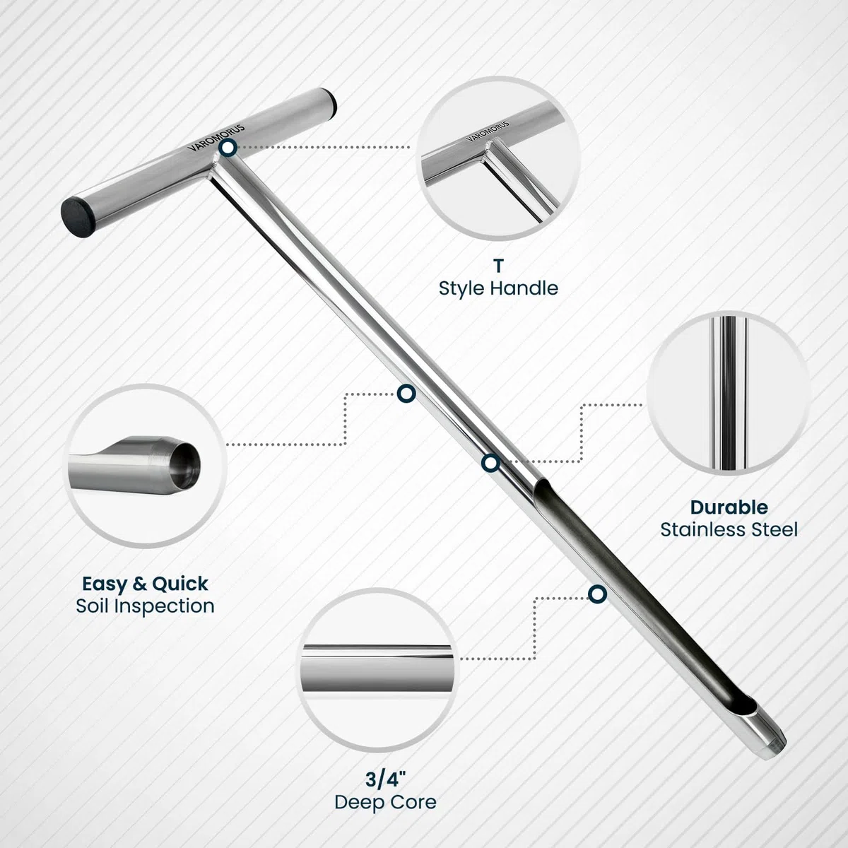 Varomorus Sonda de muestreador de Suelo de 21 Pulgadas, Mango Tubular de Acero Inoxidable Estilo T.