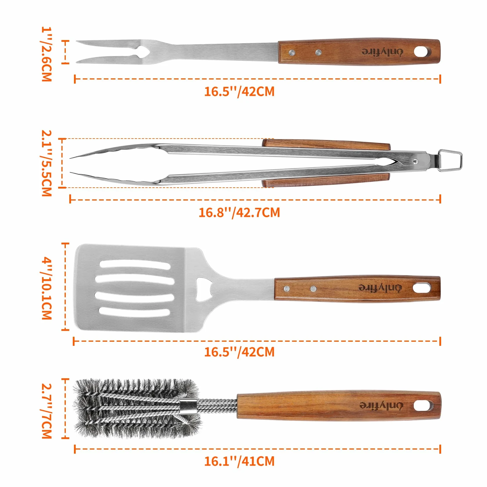 onlyfire 4 Pcs Kit de Utensilios para Barbacoas, Espátula para Plancha Perforada, Pinzas de Cocina, Tenedor y Cepillo para Barbacoa, Utensilios Profesionales para Asar y Cocinar Al Aire Libre