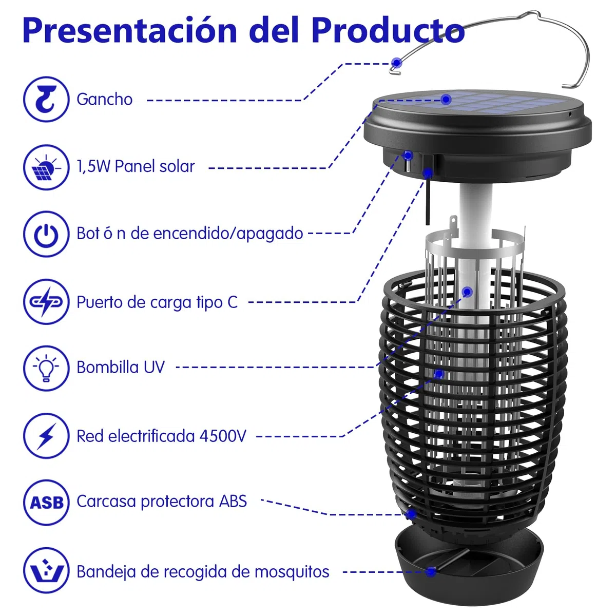 PALONE Lampara Antimosquitos Solar Type-C 4500v con Cable De 3,5 M, Antimosquitos Electrico Panel Solar de 5,5 W, Adecuado para Acampar y para Interiores y Exteriores