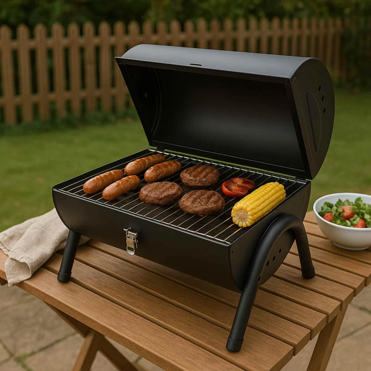 Barbacoa cilindro de metal negro mate con mango de madera y patas metálicas - Incluye 2 rejillas y 2 placas metálicas 38x24,5cm