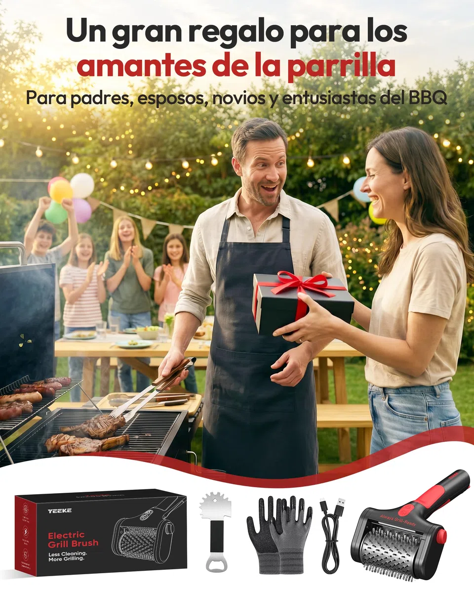 Cepillo eléctrico para barbacoas Yeeke, Limpiador eléctrico inalámbrico Recargable de Dos velocidades con batería de 4000 mAh, Cabezal de Acero Inoxidable 304 y luz LED, para barbacoas al Aire Libre