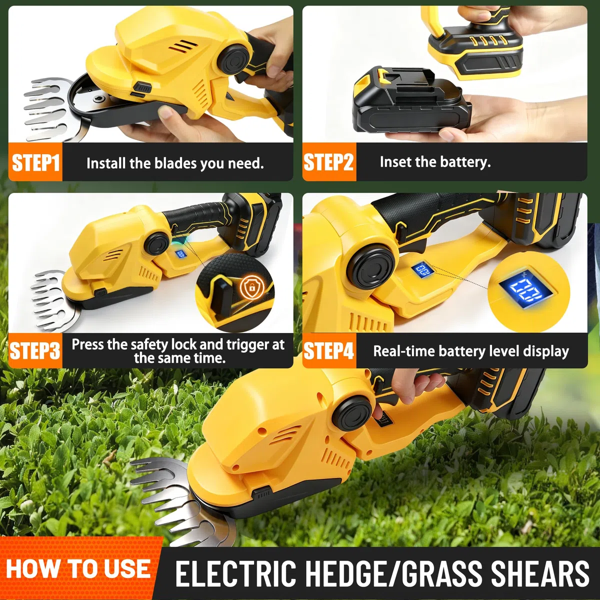KingSom Tijeras Cortasetos y Arreglasetos 2 en 1, Corta Setos Jardin Electrico 21 V con Batería y Cargador, Pantalla Batería, Cortacetos Electrico, 2 Cuchillas - 23cm para Arbustos, 13.5cm para Césped