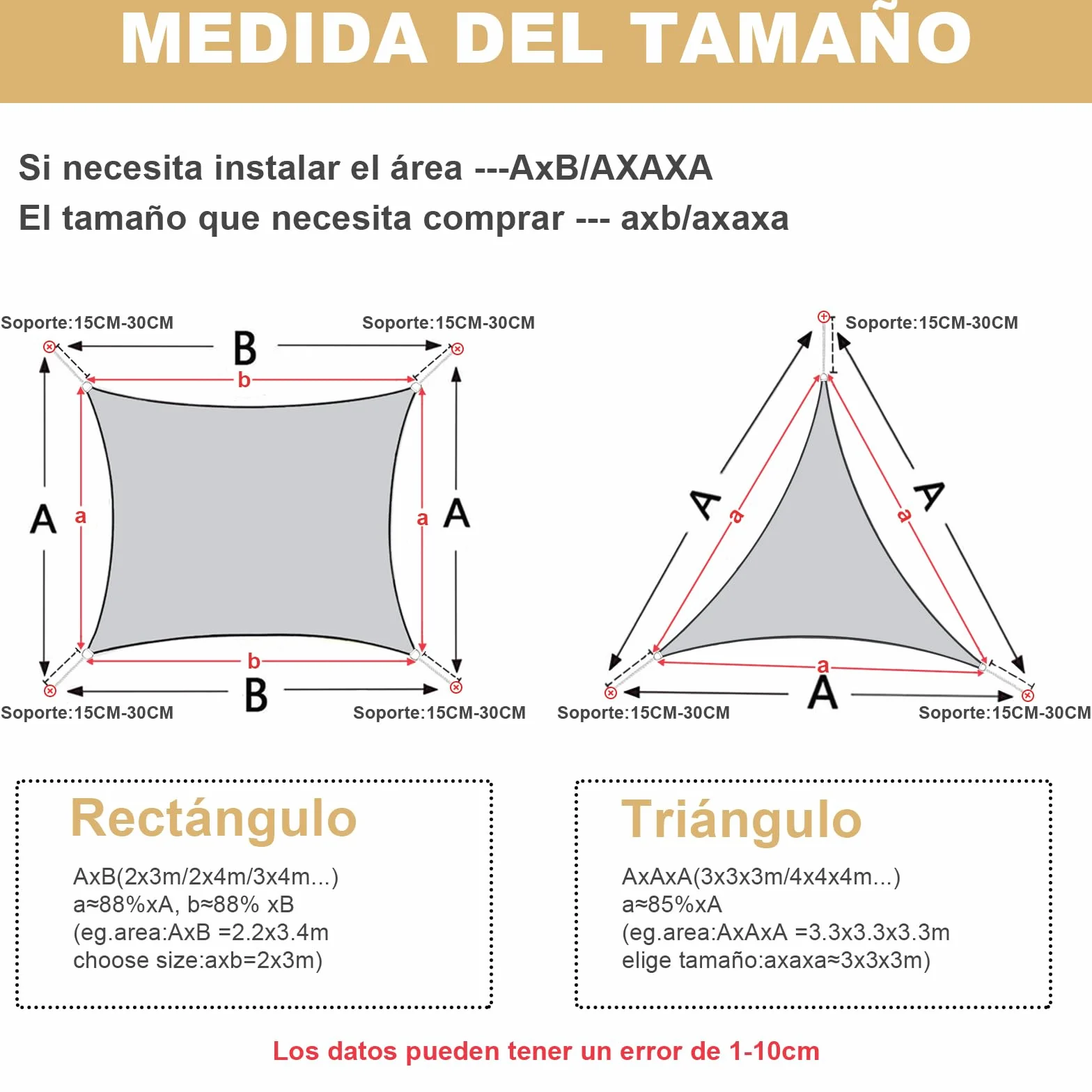 AXT SHADE Toldo Vela de Sombra Rectangular 3x4m Protección Rayos UV y HDPE Transpirable para Exterior Terraza Patio Jardín-Arena