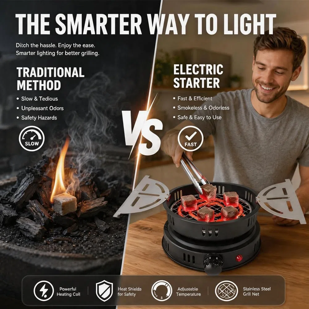 RANJIMA Encendedor de carbón para shisha eléctrico, parrilla de carbón con pinzas, 1000 W, encendedor de carbón eléctrico para carbón, cable exterior, accesorios eléctricos, encendedor de carbón de