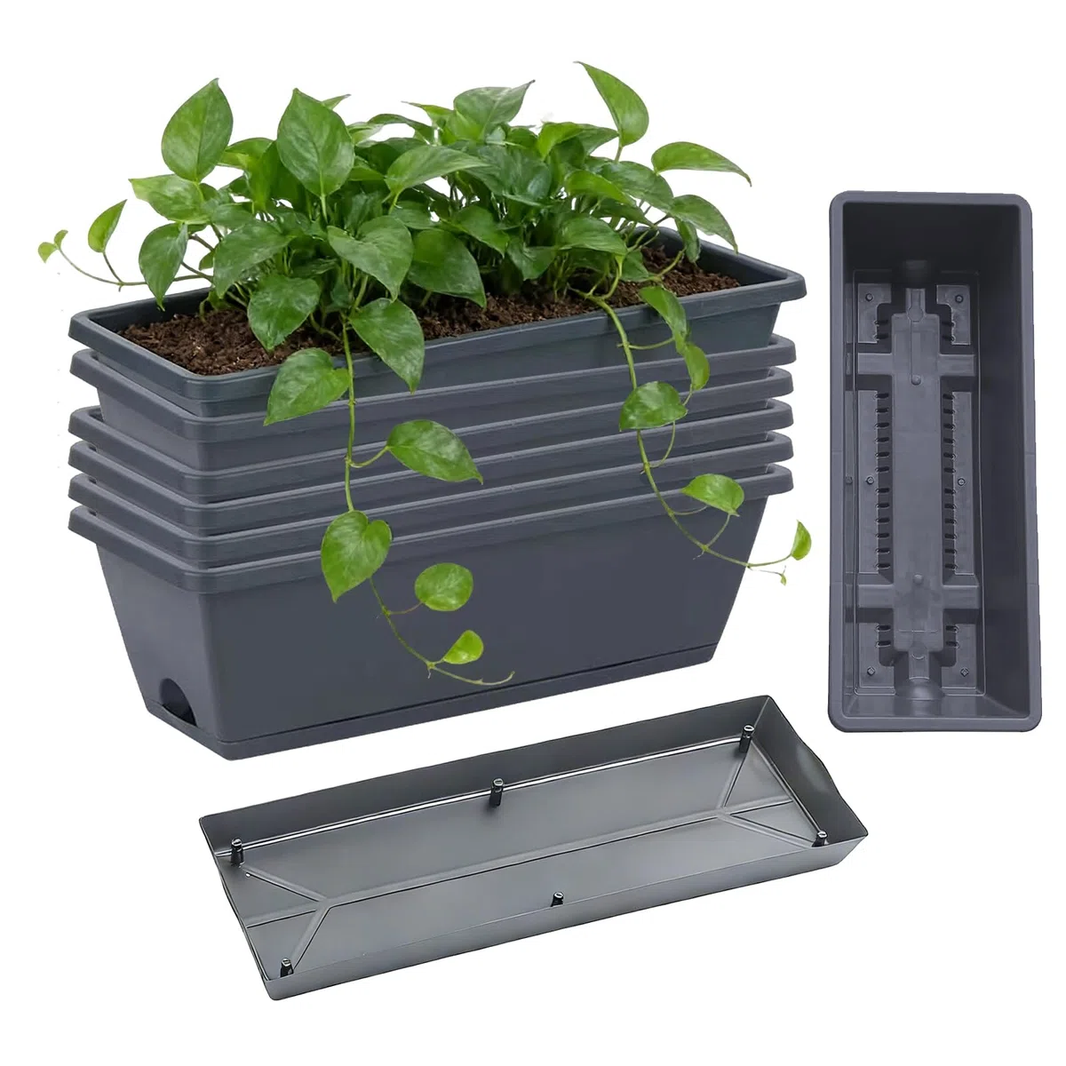 Jardineras Exterior, Juego de 6 Piezas Jardinera Balcon, Jardinera para Alféizar de Ventana Exterior con Depósito/Platillo de Agua, Macetas de Plástico para Balcón y Terraza