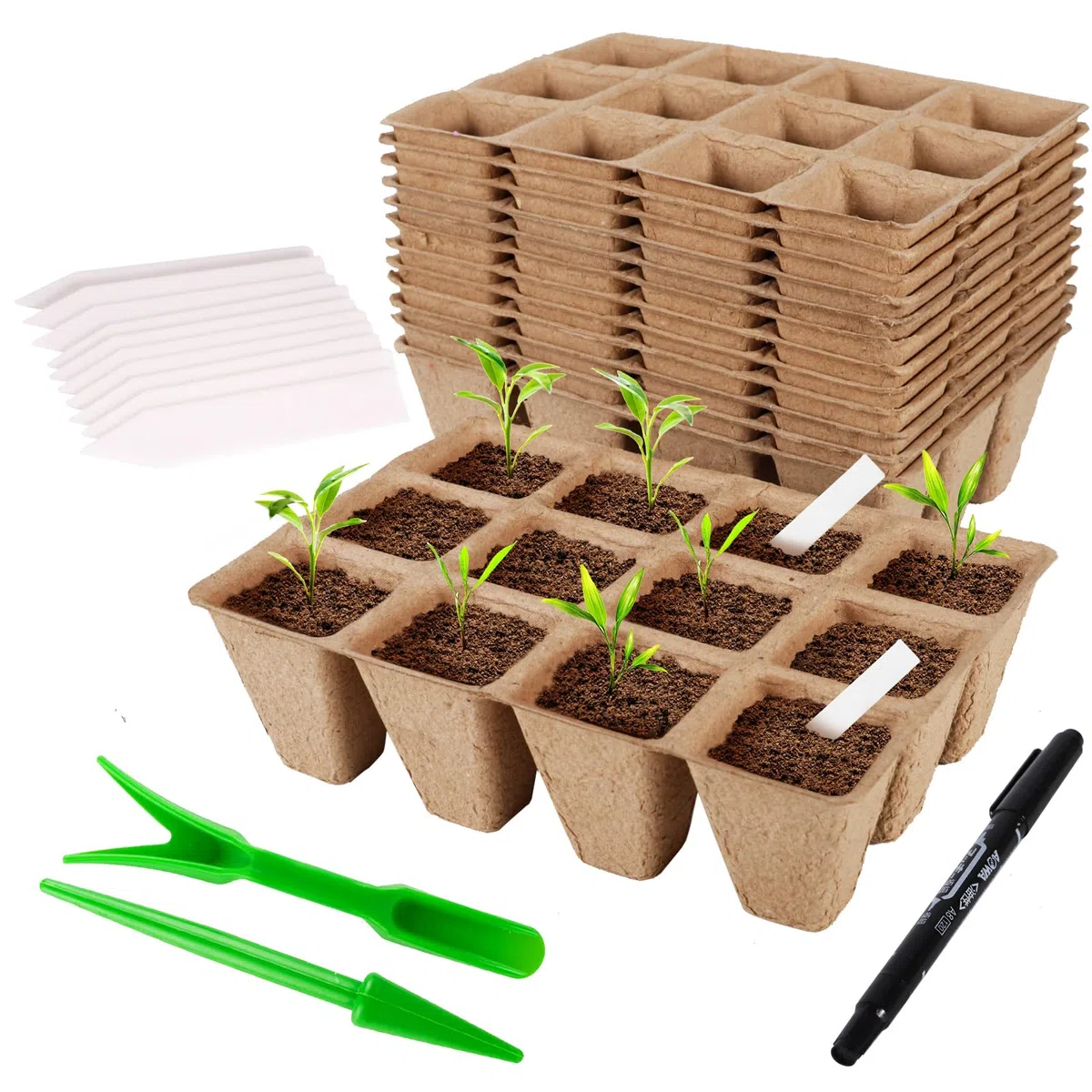 Macetas de Cultivo biodegradables cuadradas,24 Piezas Macetas Biodegradables para Plántulas y Trasplantes con 288 pcs Etiquetas de Plantas de Plástico para jardín, invernaderos o huertos