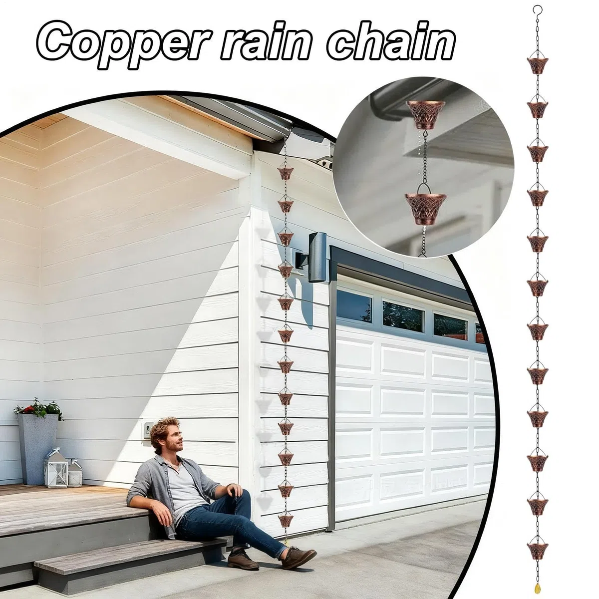 Genérico Cadenas De Lluvia para Canalones | Tubo De Desagüe Decorativo De Cobre 2.7 Metros,Cadena De Lluvia Decorativa con 12 Tazas | para Casa Jardín Exterior Pérgola Techo Toldo