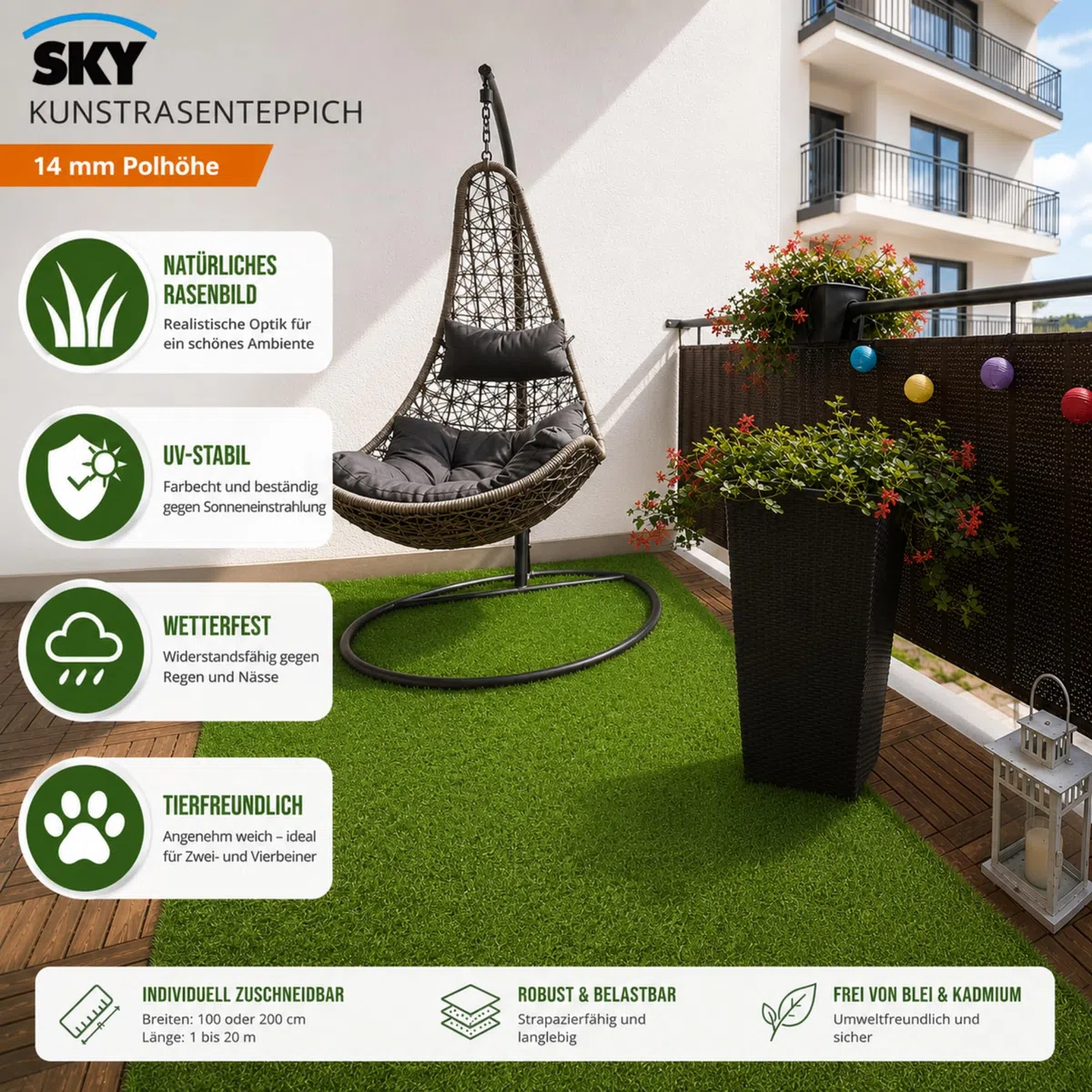 KARAT Sky Césped Artificial – Alfombra resistente a la intemperie para exteriores, para balcón, terraza y jardín – Premium Class – Riviera – Altura del pelo: 14 mm – 200 x 150 cm