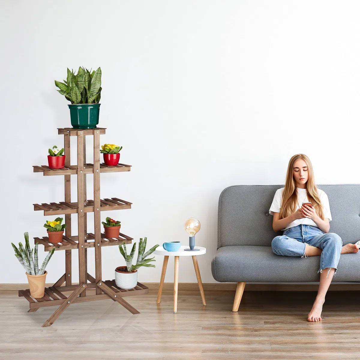 Relaxdays Soporte Plantas para Interior 5 Niveles, Madera, Marrón claro, 142,5 x 83 x 28,5 cm