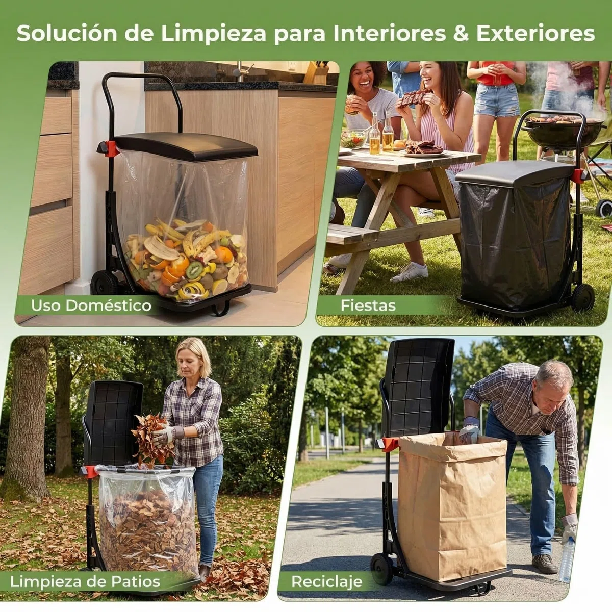 COSTWAY Carro para Bolsas de Basura, Carro Saco Jardín con Ruedas, Tapa con Altura Ajustable, Estructura de Metal, para Interior y Exterior, Soporte para Bolsas de Basura para Césped, Residuos