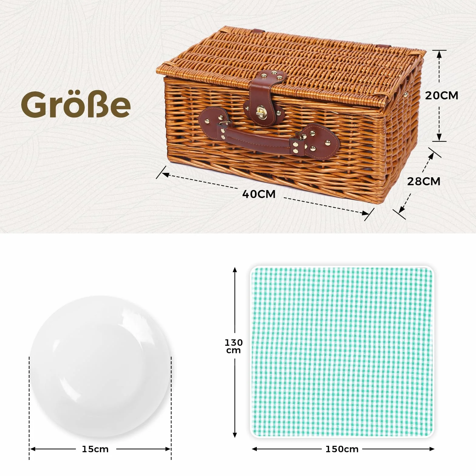 Juego de cesta de picnic para 4 personas con compartimento refrigerador y manta de picnic impermeable, correa extraíble, bolsa de vino, juego de cubiertos, para camping, playa, senderismo,
