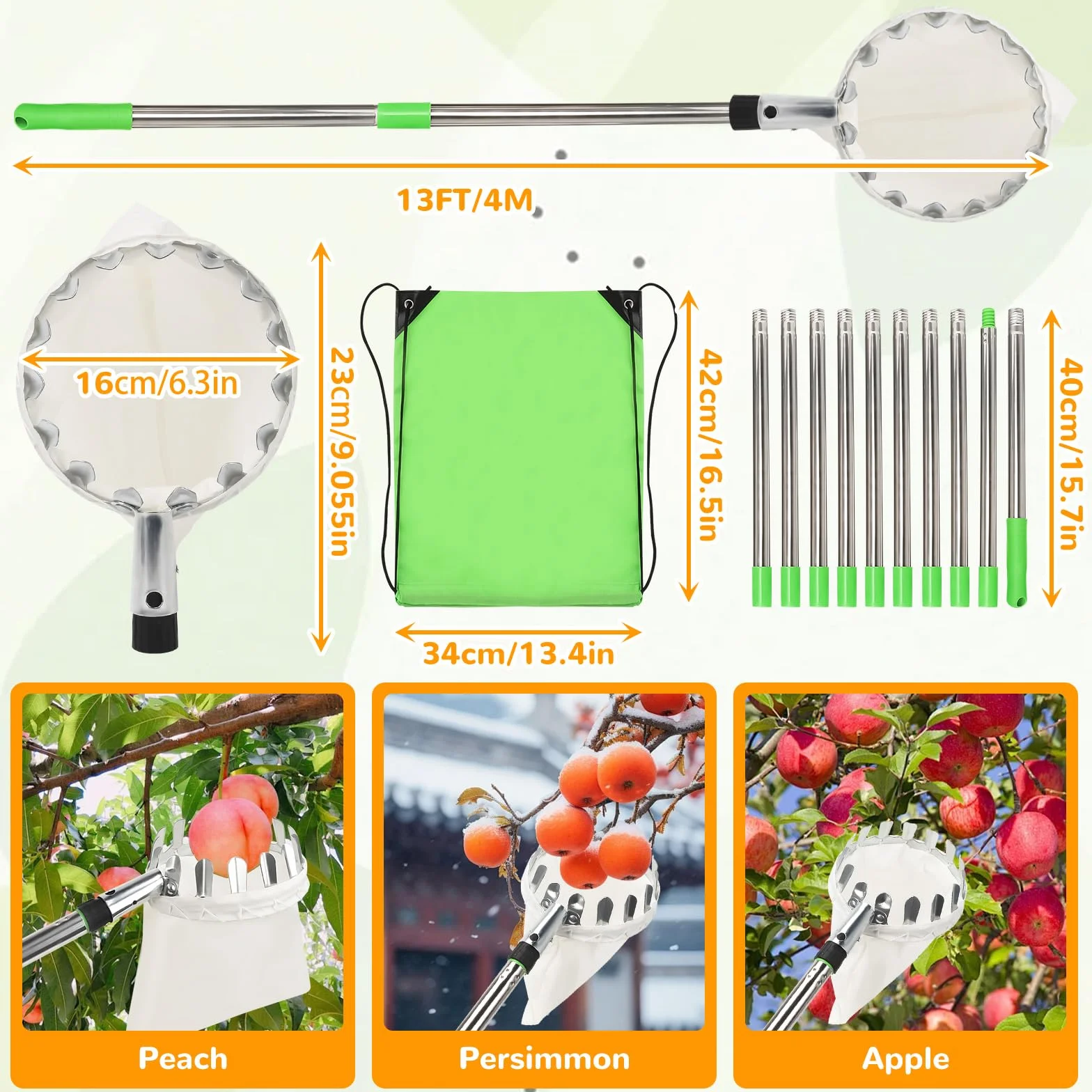 4m Recogedor de Frutas Telescopico, Diámetro de 16 cm, Recogedor de Cerezas con Bolsa de Algodón, Recogedor de Frutas de Acero Inoxidable, Cesta Recogedora de Manzanas para Peras Cerezas Ciruelas