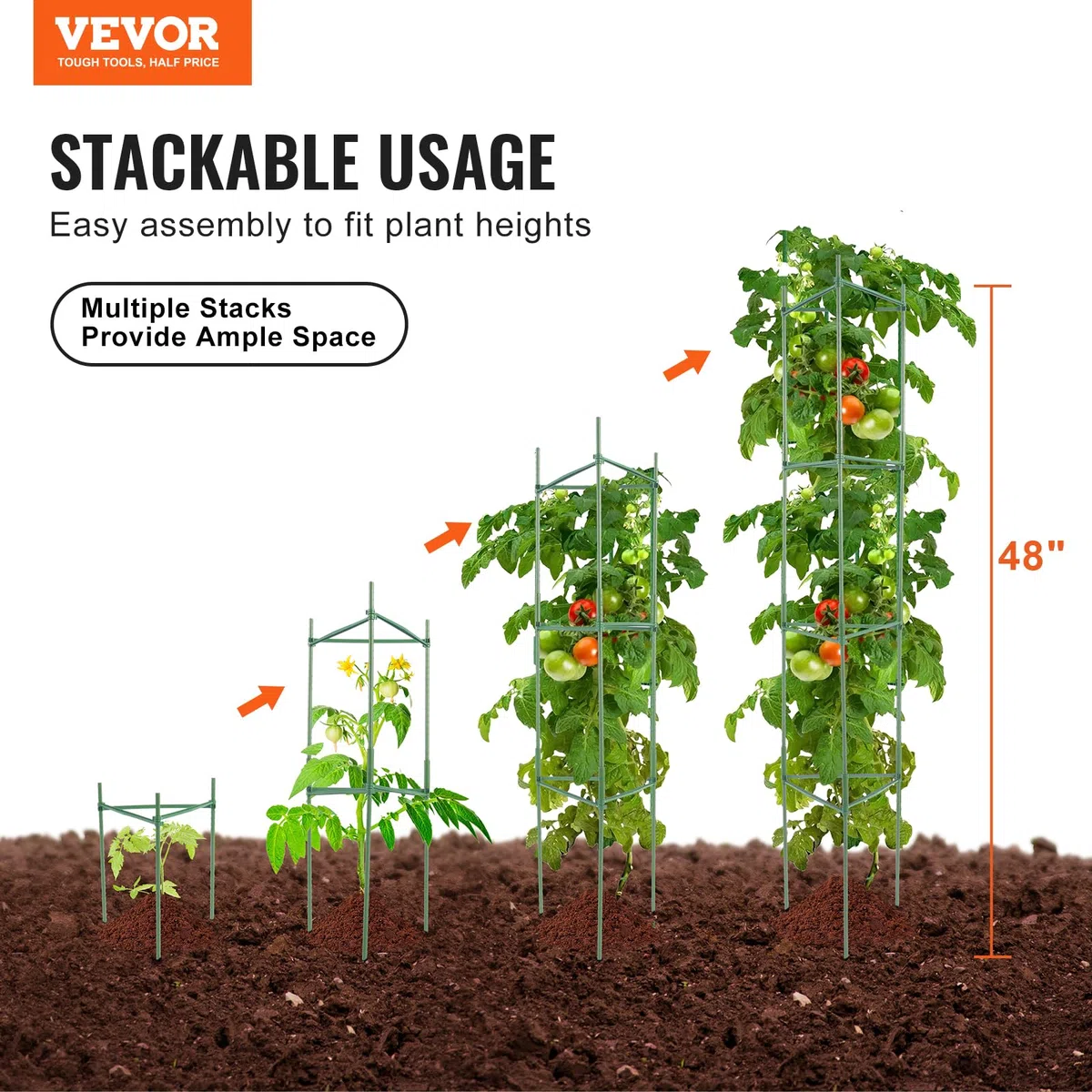 VEVOR 6 Paquetes de Jaula para Tomate Soporte para Plantas Enrejadas de Tomates de 123 cm, Jaula Apilable de Soporte para Plantas Altas para Parterres Elevados, Verduras, Flores y Plantas Trepadoras
