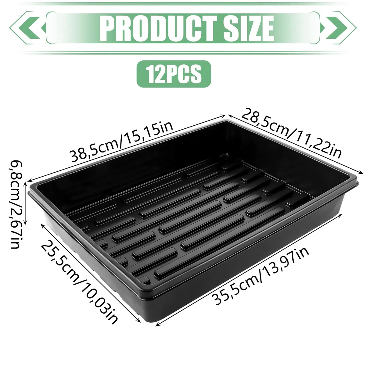 JMIATRY 12 Unidades Semilleros de Germinacion Sin Agujeros Negro 39x29x6,5 cm Bandeja Semillero de Cultivo PS para Plantas y Semillas, Jardineria Interior