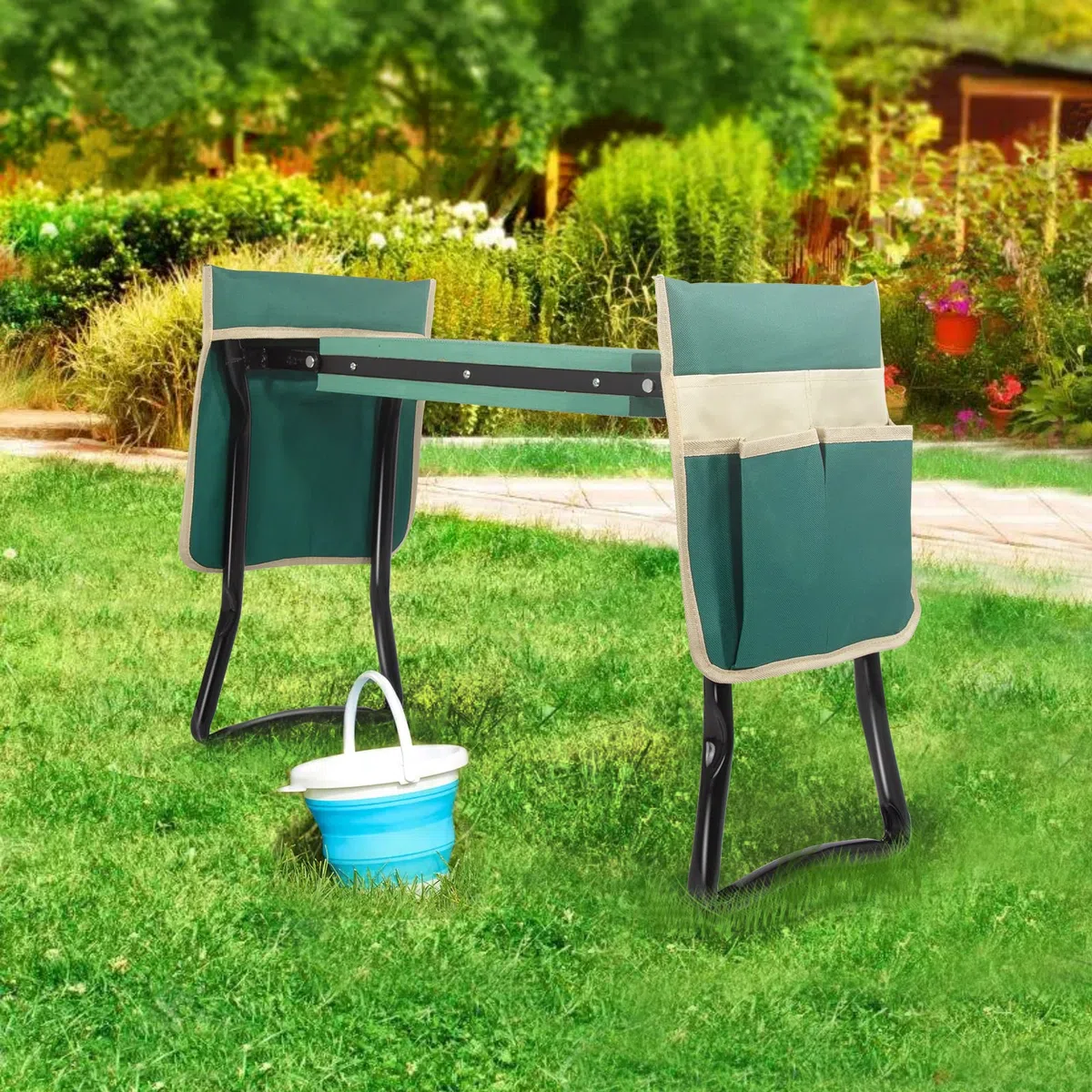 Uten Taburete de Jardín EVA Espuma Almohadilla Proteger Rodillas Plegable Asiento de Jardín con 2 Bolsas de Herramientas Jardinería Herramientas