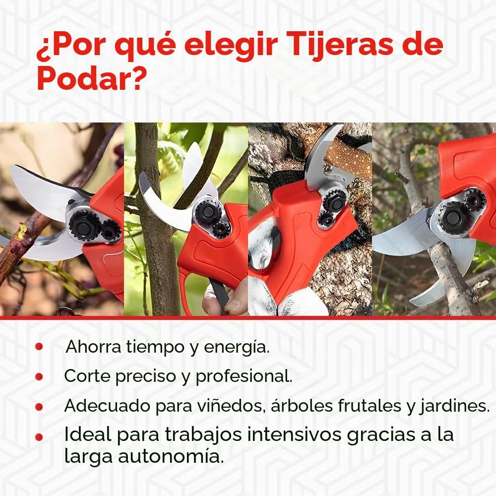 Tijeras de podar eléctricas con 2 baterías de 48 V y maletín, tijeras portátiles profesionales – Corte preciso y asistencia de batería inmediata (Rojo)