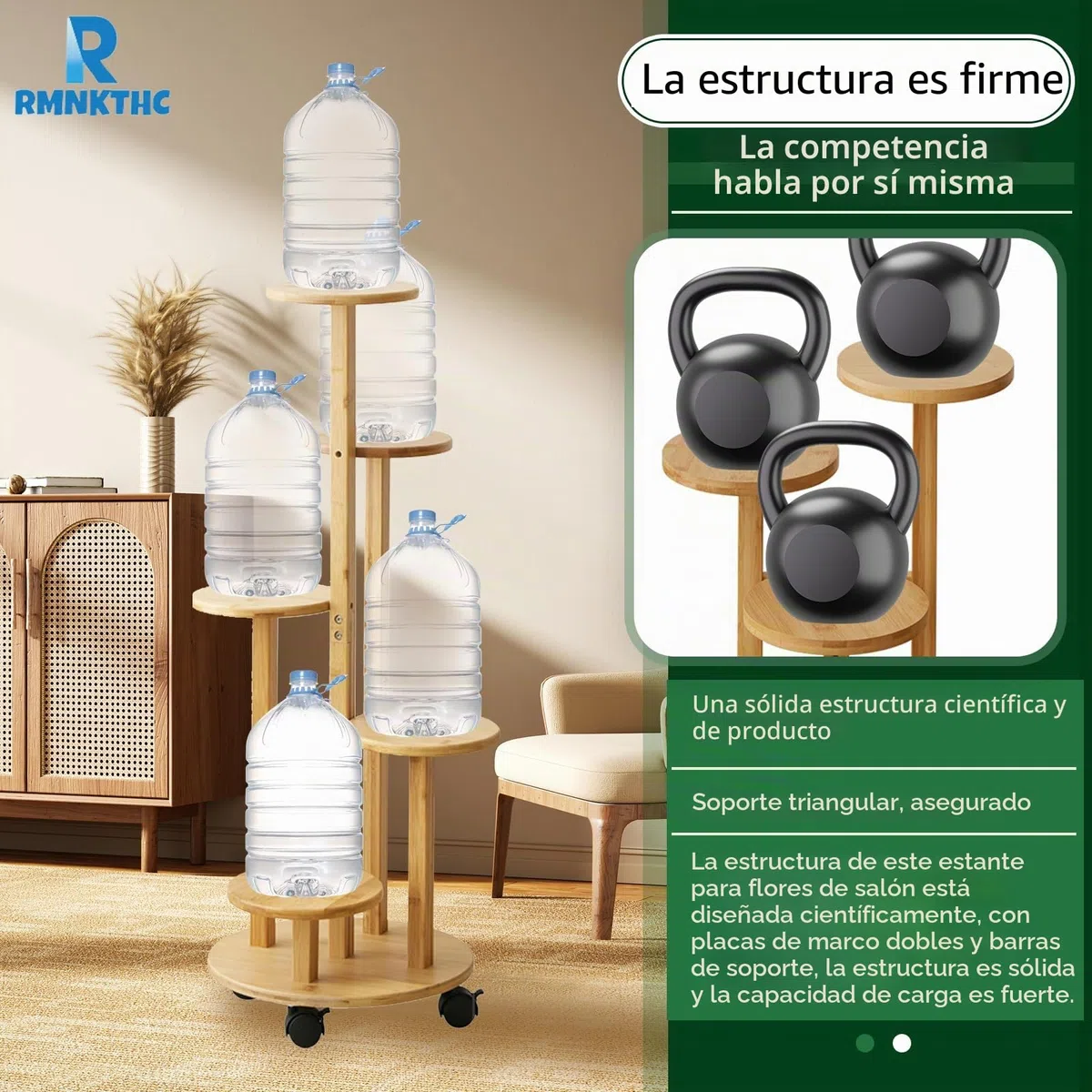 Estantería de bambú para flores con ruedas, 5 niveles, capacidad de carga de 20 kg, material natural resistente al agua, fácil montaje para salón, balcón, dormitorio (color madera)