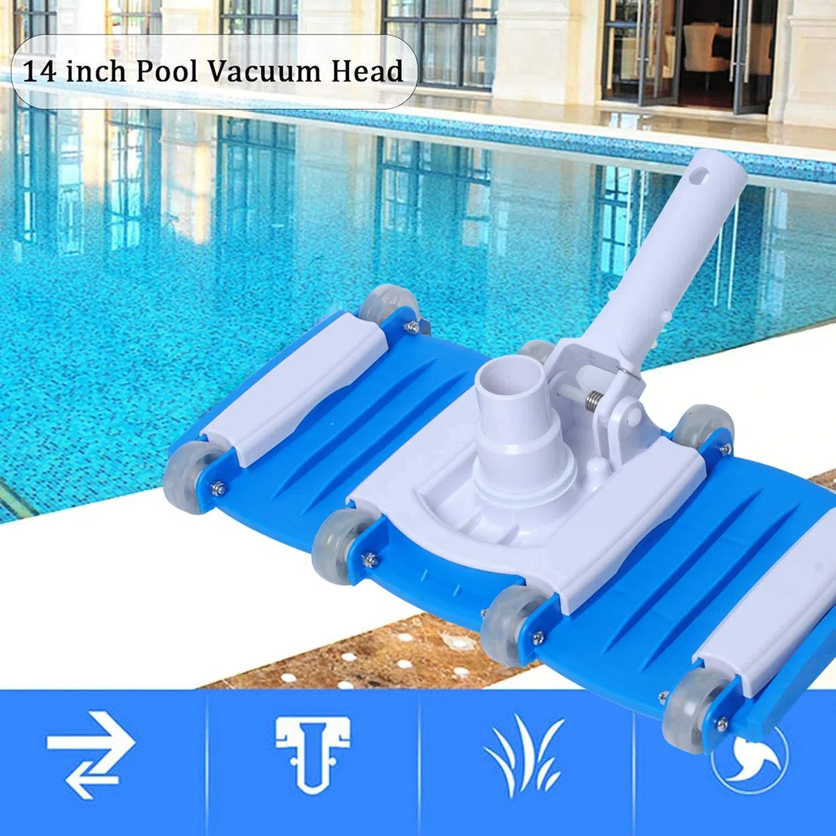 Poweka Limpiafondos Manual Cabezal de Cepillo 14" para Aspiradora de Piscina, Aspiración Flexible con Mango de Poste