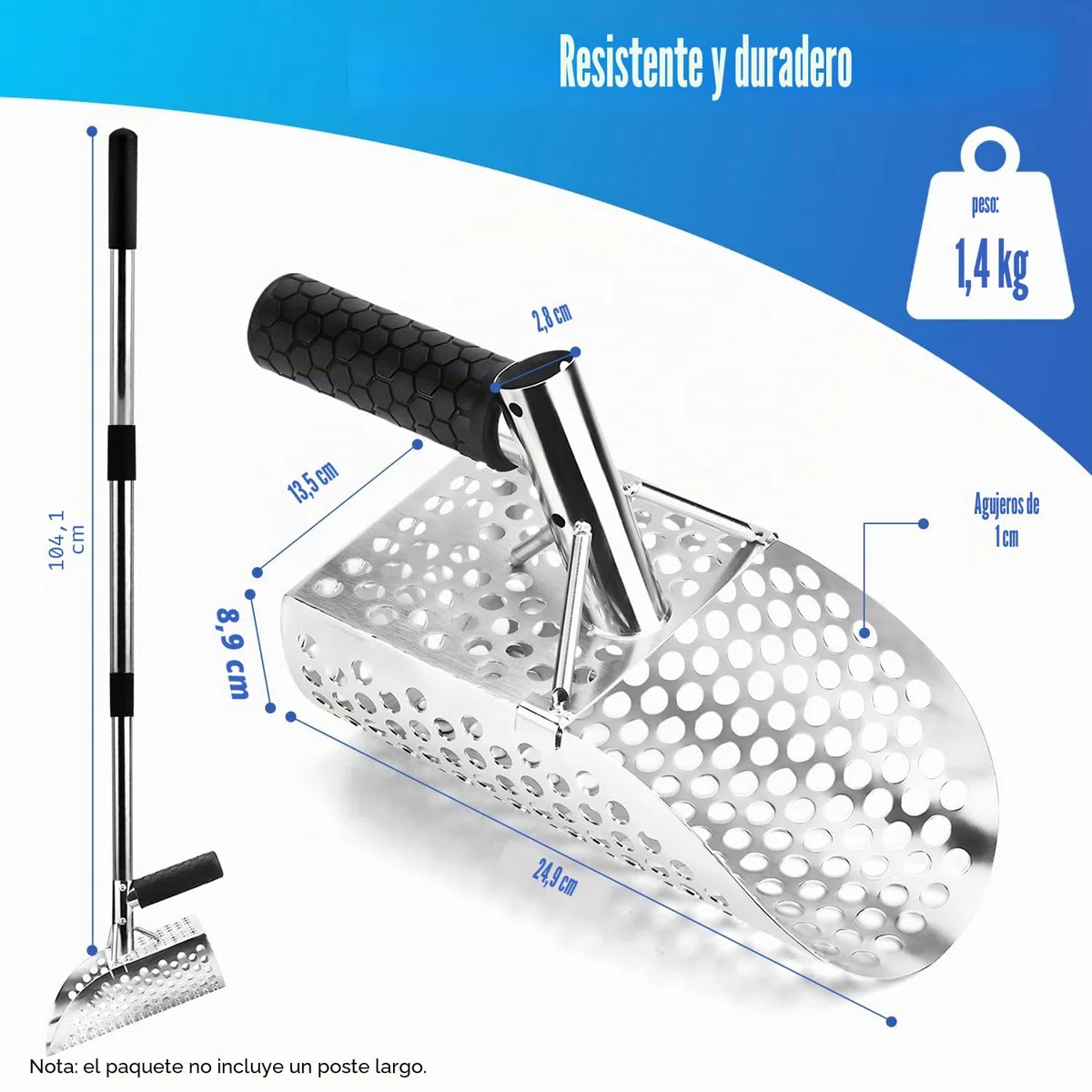 Cuchara de arena para detección de metales, pala de acero inoxidable con mango largo, resistente y duradera, ideal para búsqueda de tesoros junto al mar