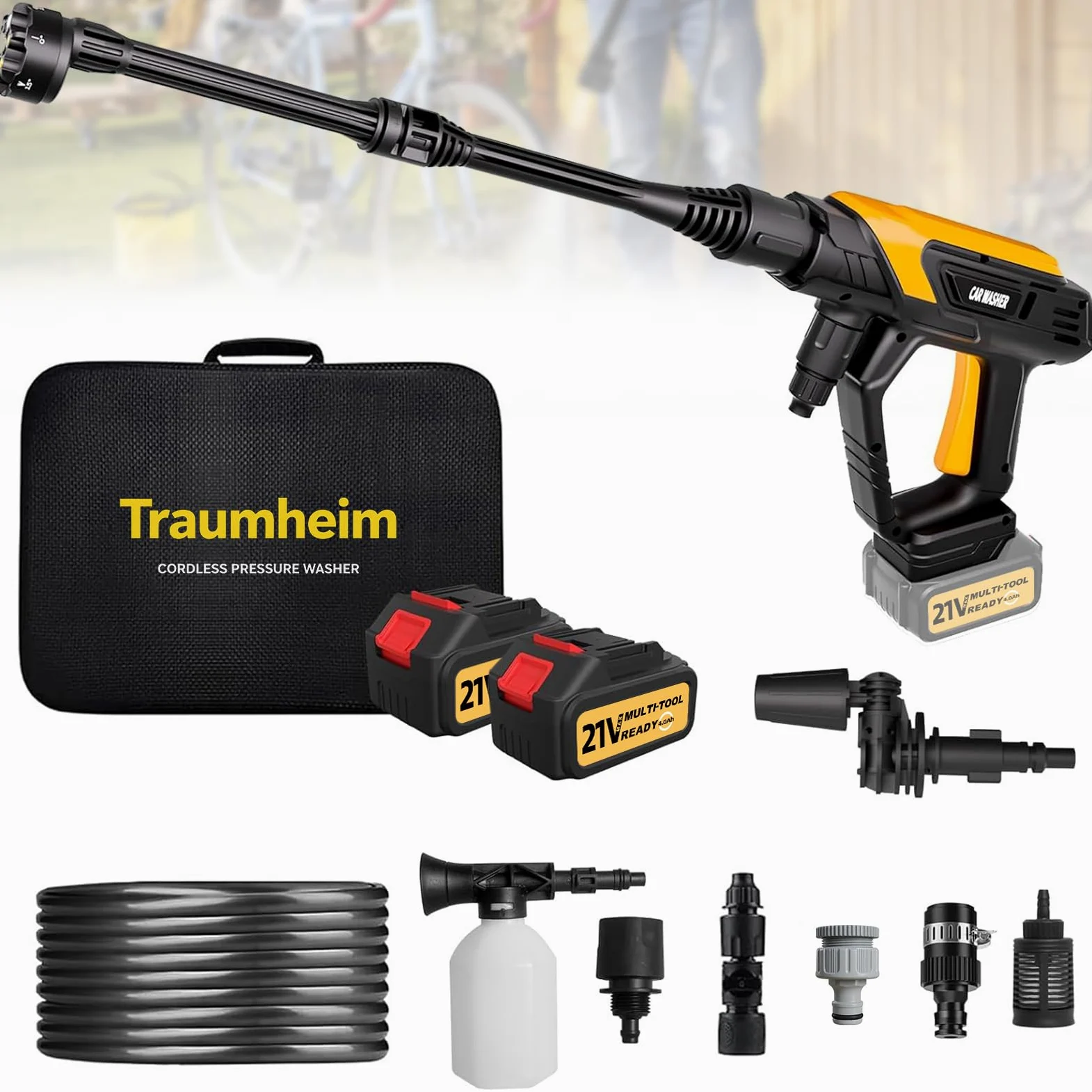 Hidrolimpiadora de Alta Presion 21V/68Bar/990PSI - 2X Batería 4000mAh - Set Completo 17 Piezas - Limpiadora Portátil Multiusos para Coche, Terraza, Jardín