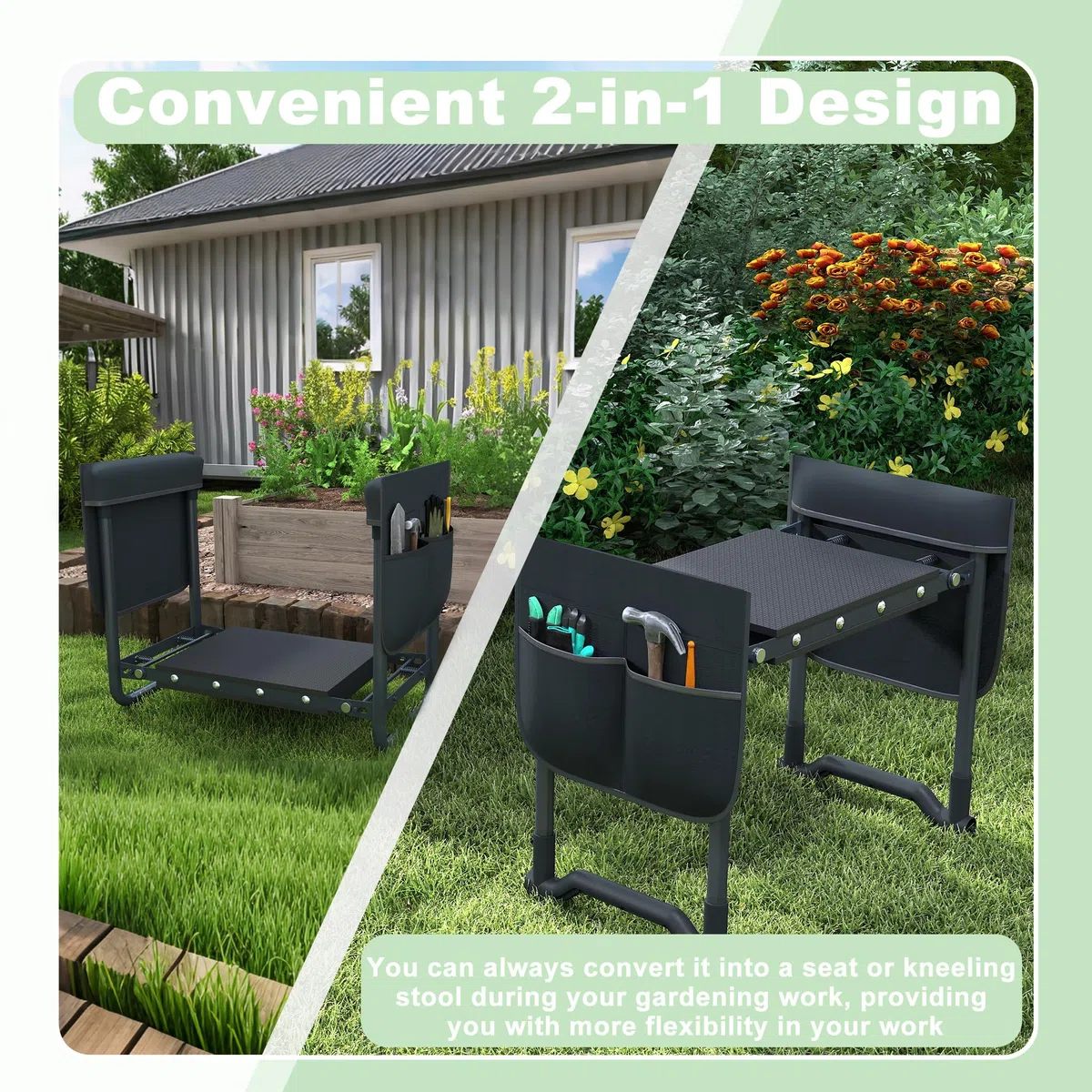 UISEBRT Taburete de jardín plegable – Banco de trabajo de jardín, silla de trabajo de jardín, asiento de trabajo, banco de trabajo con cojín de espuma y bolsa de herramientas de hasta 180 kg