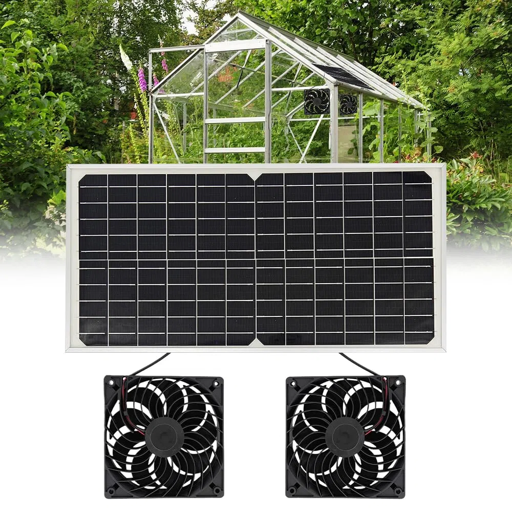 Ventilador solar, ventilador con panel solar de 16 W, resistente a la intemperie, con doble ventilador de CC para gallineros pequeños; kit de ventilador con módulo solar para gallineros pequeños, inve