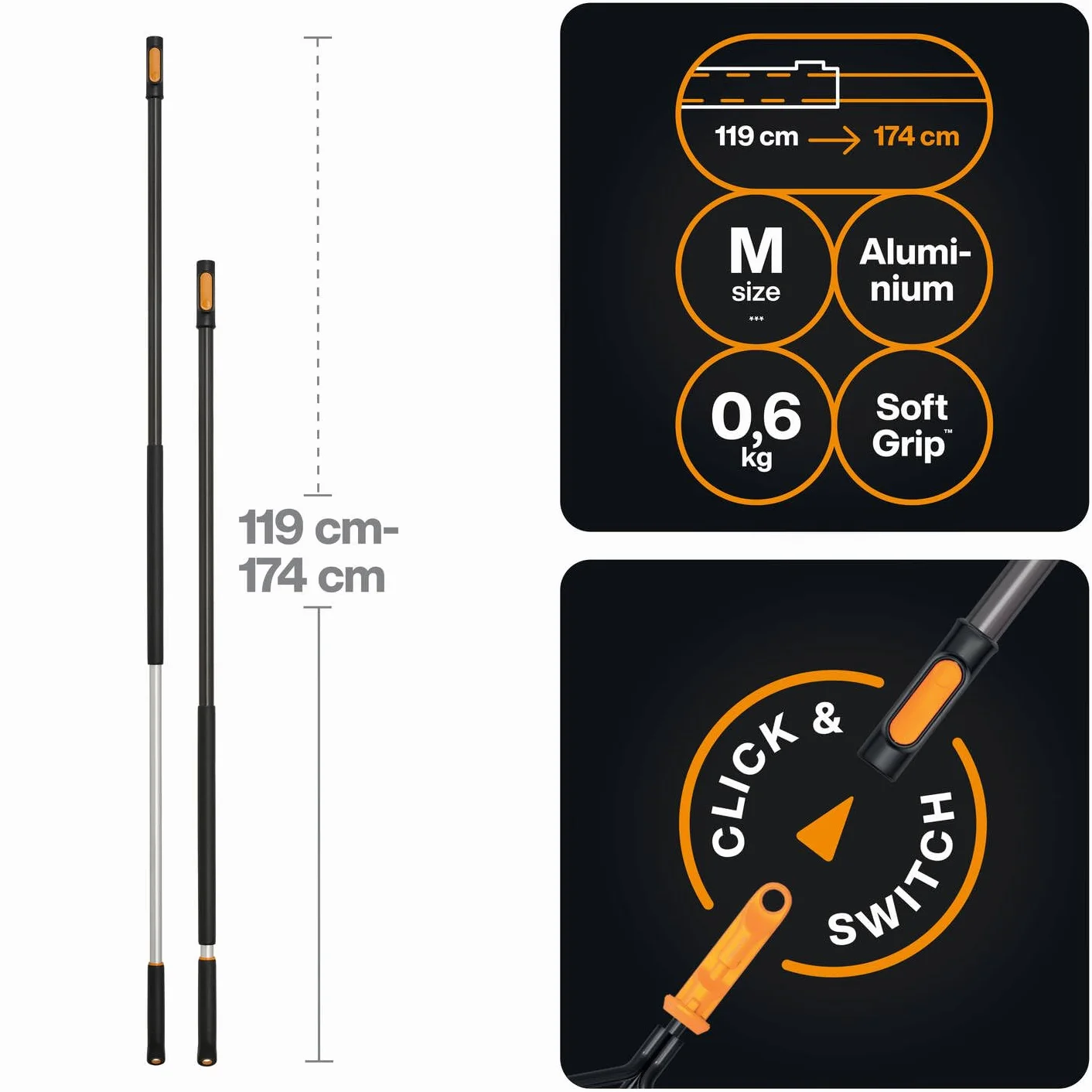 Fiskars OneClick Mango Telescópico M, Extensible de 119 a 179 cm, Cambio en 1 Clic, Adaptador QuikFit Disponible por Separado, Empuñadura SoftGrip, Aluminio, Negro y Naranja, 1080671