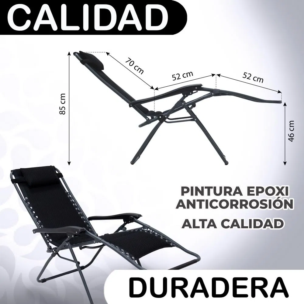 LOLAhome 2 sillas Gravedad Cero Camping jardín y terraza, reclinables, Bloqueo de Seguridad, Estructura Acero y Asiento Lona Oxford poliéster 3D Negras