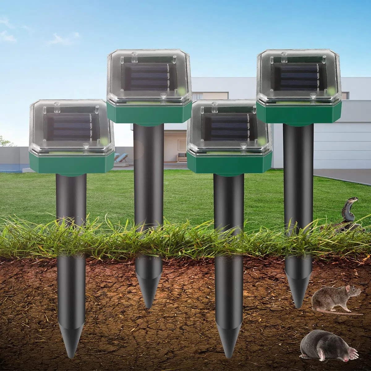 4 unidades de repelente solar para topos, ahuyentador solar ultrasónico para topos, control de topos, repelente de ratas de campo, repelente de topos, control de plagas con IP65 para césped y jardín