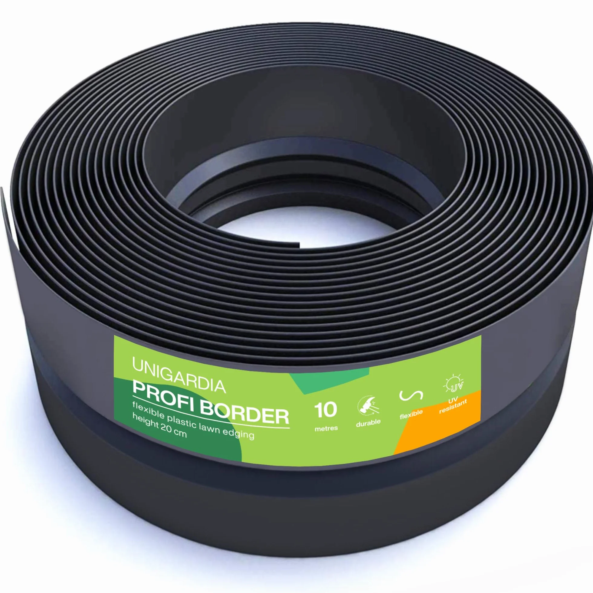 UNIGARDIA Flexible Borde Jardín Exterior 10 m, Altura 20 cm - Borde para Césped de Plástico Reciclado, Fácil Instalación, Duración mínima de 30 años, Suficientemente Fuerte Bordura Jardín, Negro