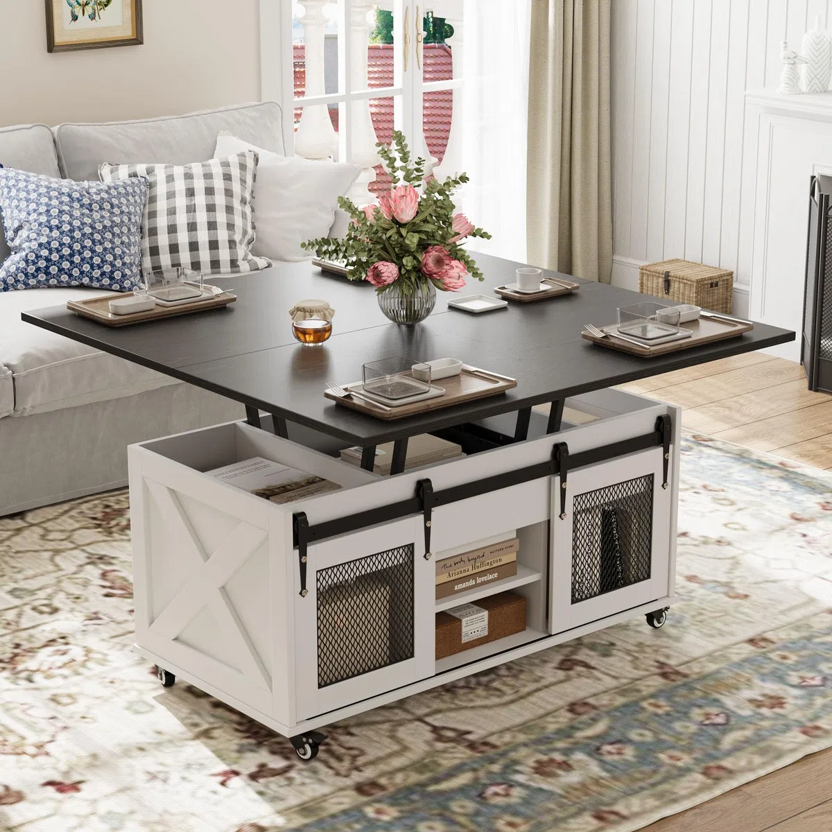 VOWNER Mesa de Centro Elevable, Mesa Extensible, Multifuncional 4 en 1 con Ruedas & Almacenamiento Oculto - Comedor, Convertible, Estilo Granja, Nogal (Negro)