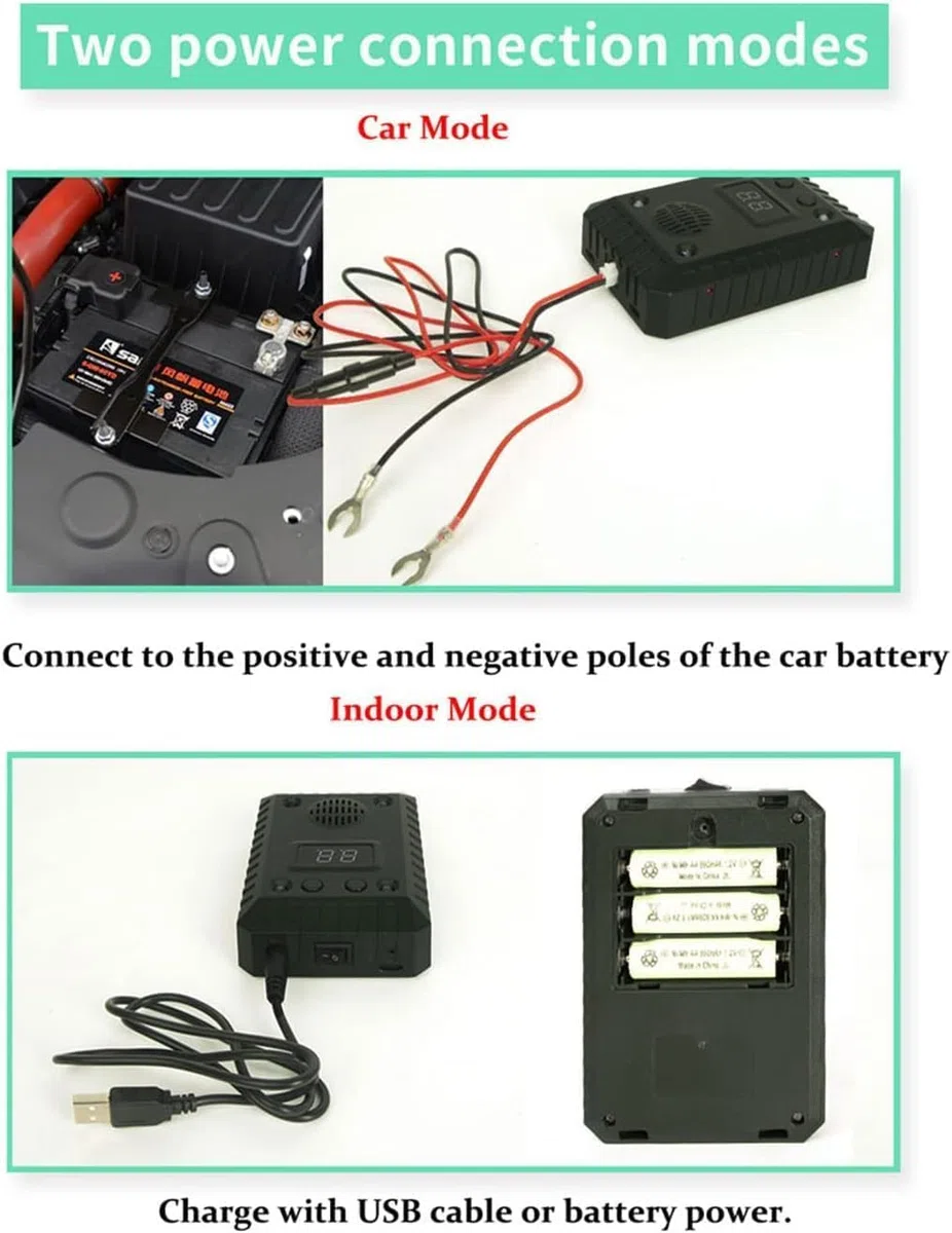 2X Ratón de ratón roedor Ardilla Repelente de ultrasonido para Motores de automóvil. Batería de automóvil o alimentación inalámbrica, Adecuado para automóviles, Camiones, autocaravanas