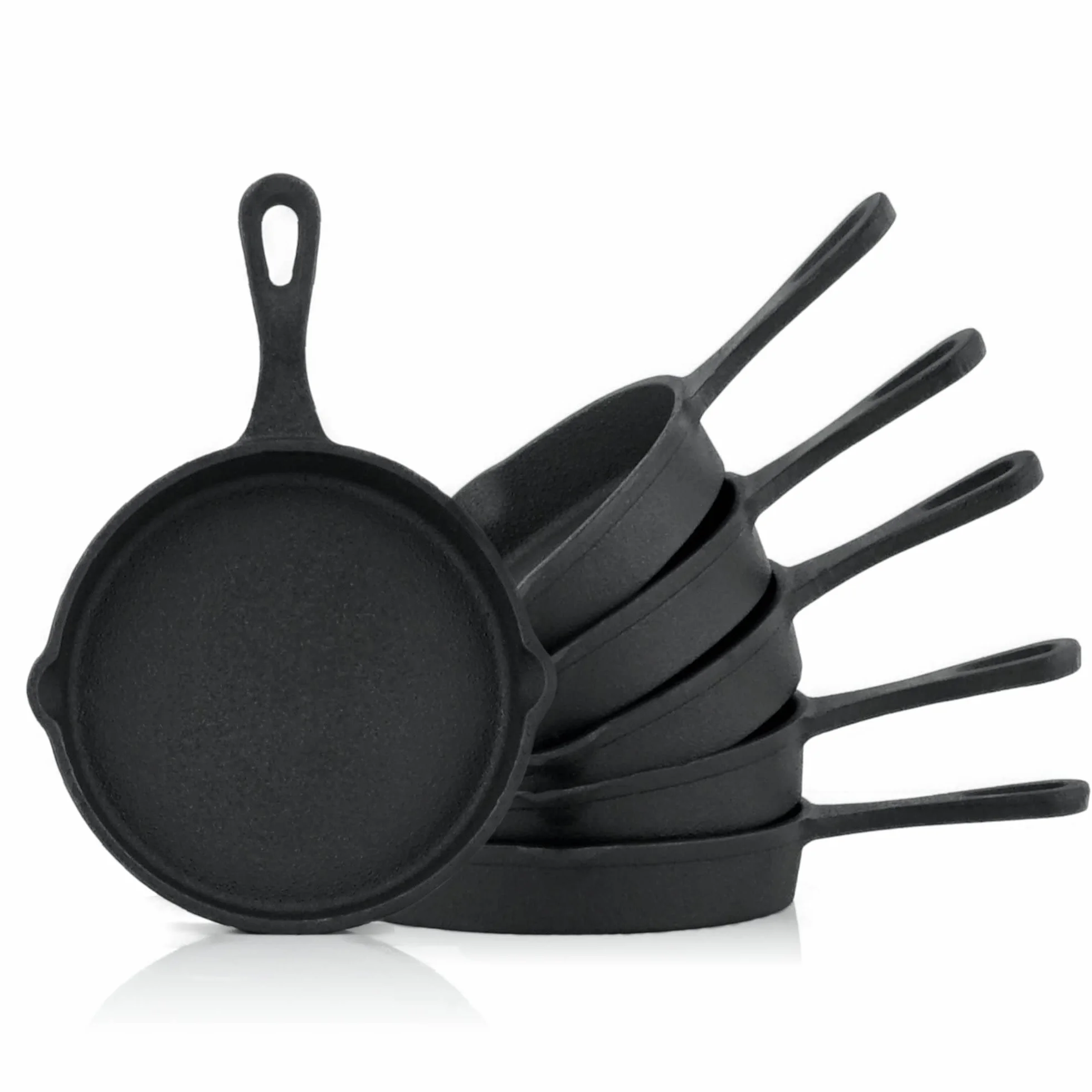 BBQ-TORO Juego de Sartenes Redondas de Hierro Fundido con 2 Picos Vertedores | 6 Piezas | Ø 12,5 cm | Curadas - pre-Seasoned | Barbacoa, Parrillas