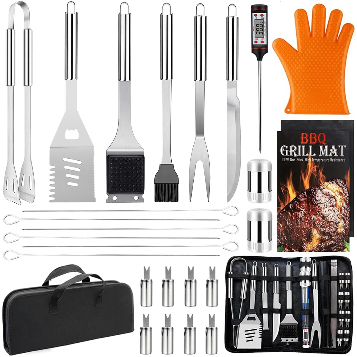 Juego de Utensilios de Barbacoa Kit de Accesorios Barbacoa, Acero Inoxidable,28 Piezas, en Maletín Portátil, para Parrilla de Barbacoa de Gas y Carbón, Regalos para Hombre.