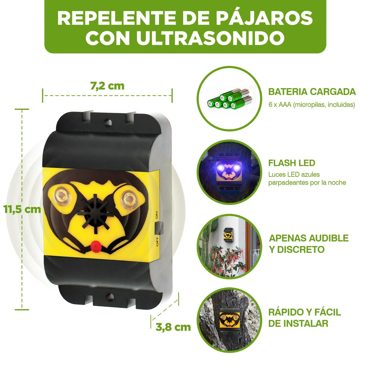 ISOTRONIC Repelente de Aves con luz y ultrasonido – Ahuyentador de Aves a Pilas para ahuyentar pájaros y Palomas – Repelente de Palomas para balcón y jardín – Alcance Efectivo de 40 m² (1 Unidad)