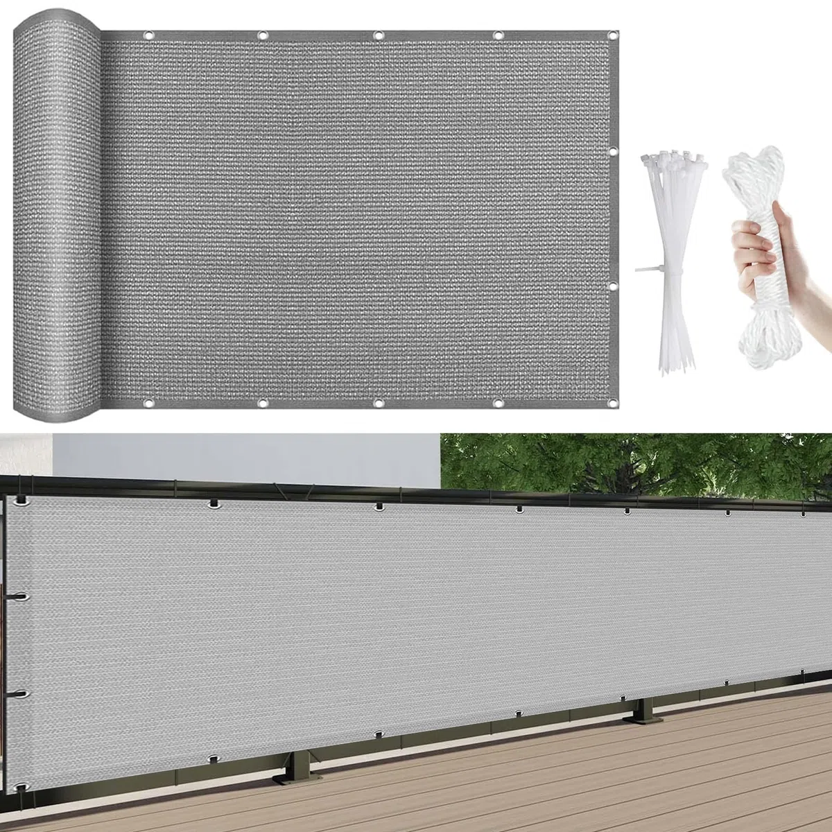 Malla de Ocultacion Jardin 650 x 30 cm Protección UV,Resistente Al Viento, Transpirable Valla Protectora Balcón, para Terraza Patio Porche, Gris Claro