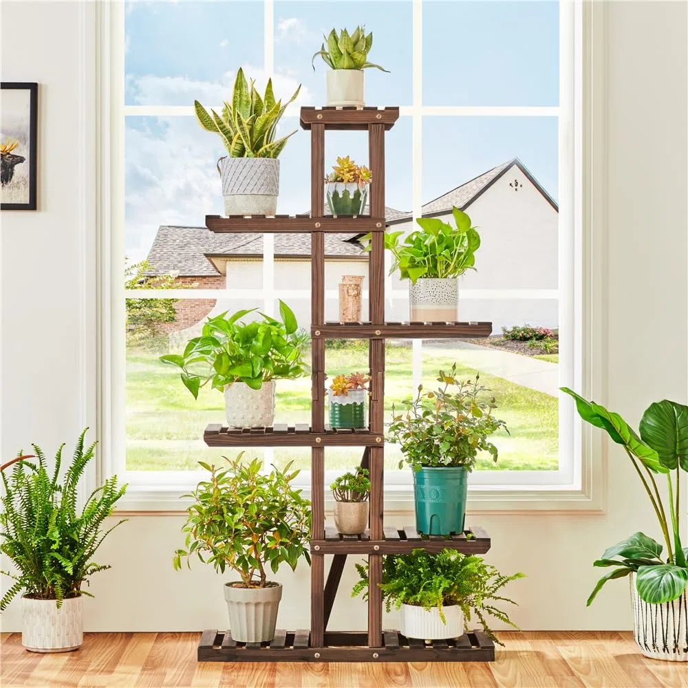 Yaheetech Soporte para Plantas de Madera Maciza Abeto Estantería para Plantas Soporte Macetas de 6 Niveles para Balcón Terraza Patio Interior Exterior Altura 140 cm