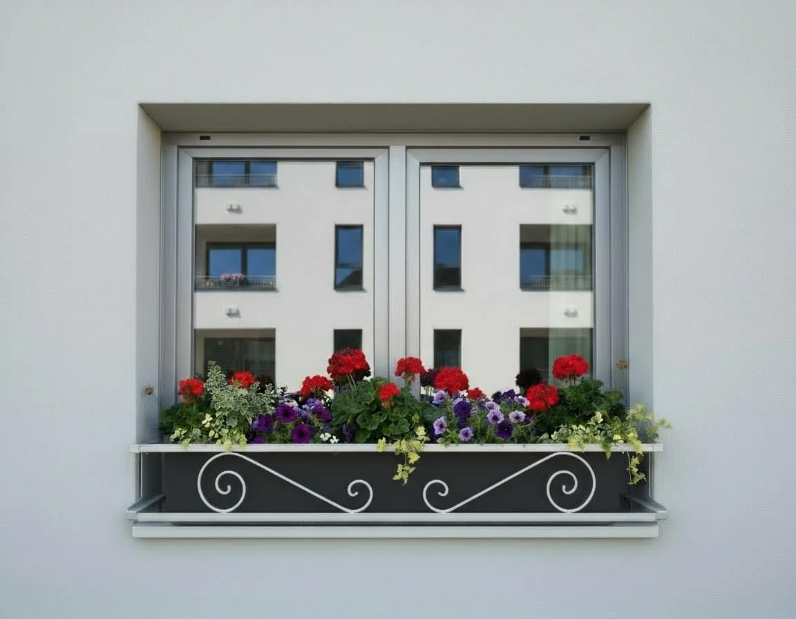 Balconcillo para Macetas Extensible 100-140 cm, Balconcillo para Plantas, Portamacetas Ventana, Protector de macetas, Modelo Volutas, Gris