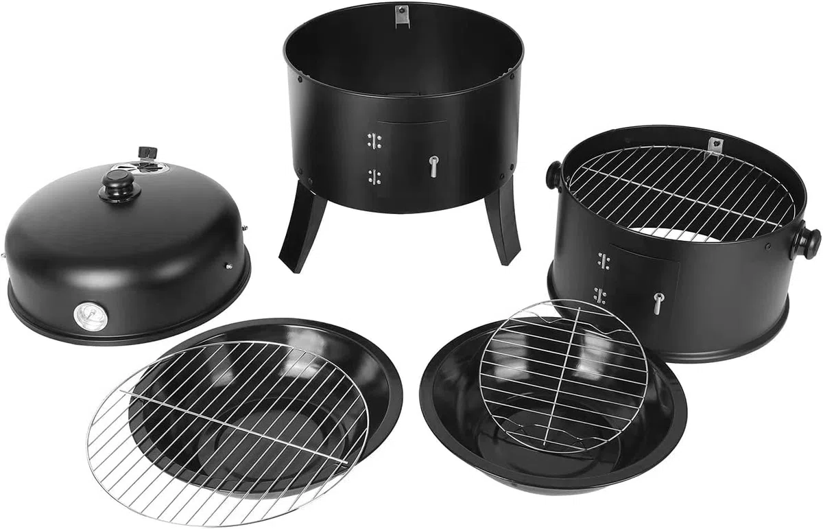 Barbacoa Ahumador, Barril y Horno Para Ahumar, 3 en 1 Barbacoa Smoker, Parrilla con Termómetro Integrado y Enganchados, Para Ahumar, Asar a la Parrilla y Cocinar