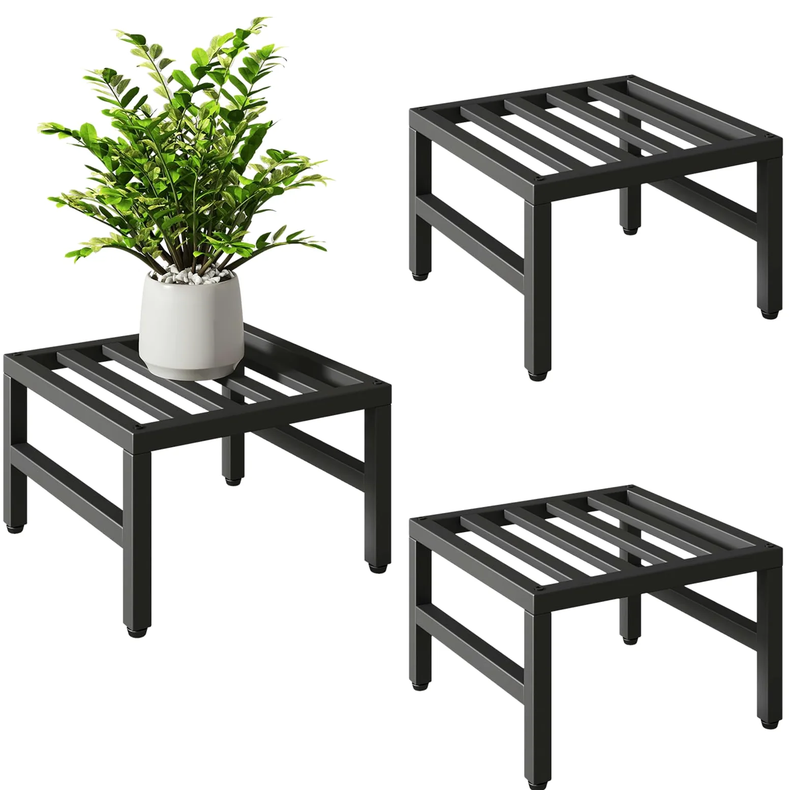 IBUYKE 3 Piezas de Soporte Metálico para Plantas de Interior y Exterior, 30cm Soporte para Macetas Pequeñas, Estante Moderno Cuadrado para Plantas y Flores para Salón Balcón Jardín, Negro TMJ075B-3
