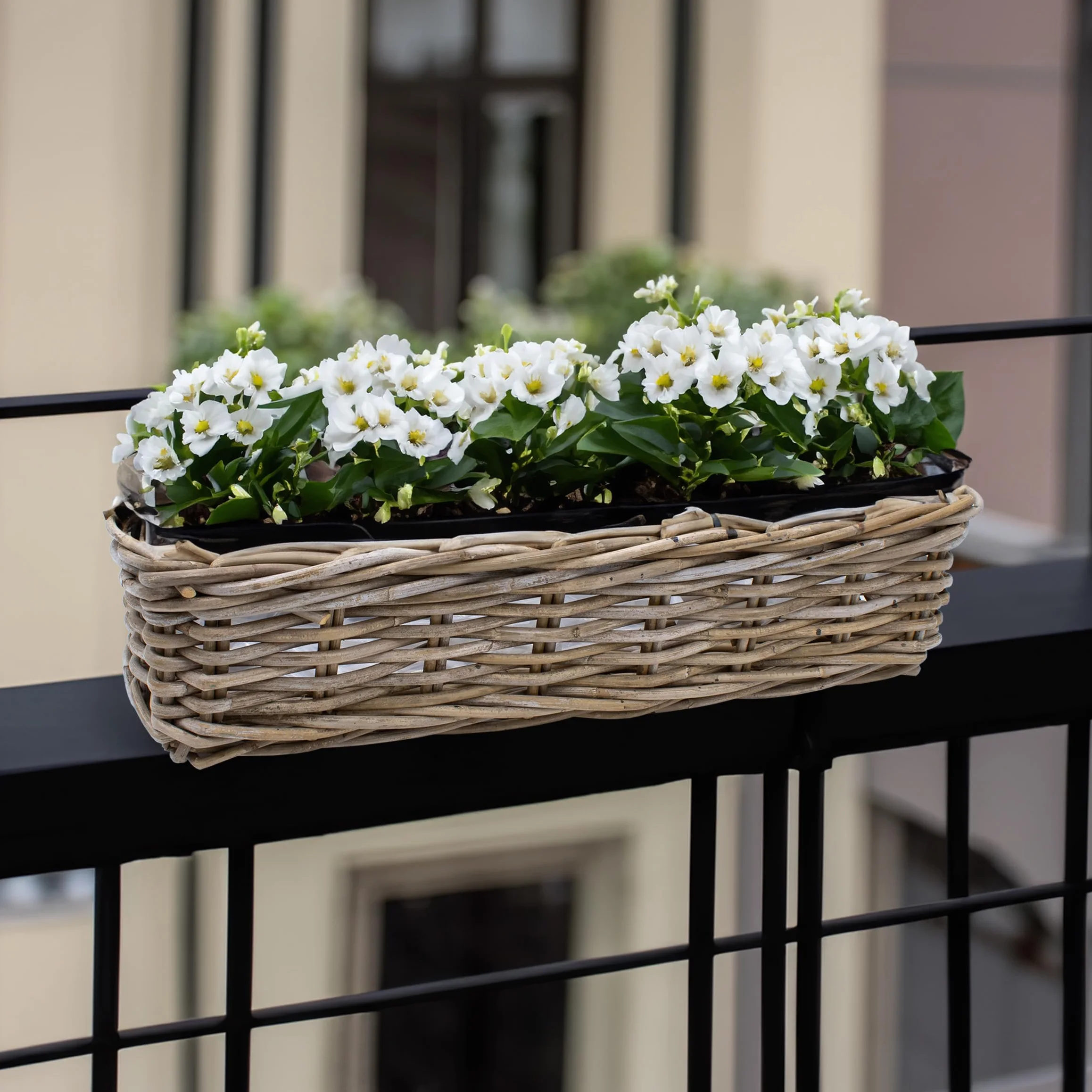 Spetebo Set de 2 maceteros de ratán natural para balcón 60 x 20 cm - Cesta de mimbre con soporte - Macetero para colgar en barandillas de balcón, jardín, macetero para flores