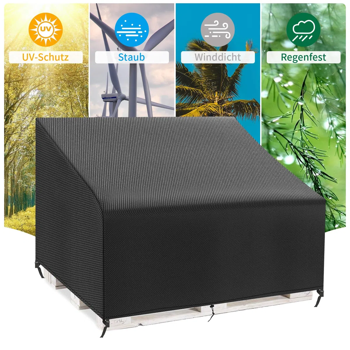 Funda Sofa Palets Exterior Impermeable，Funda Protectora Palet con Cordón， Hebilla Ajustable， Cubierta de Sofá Palet 420D Oxford (122*92*48/103cm,Negro)