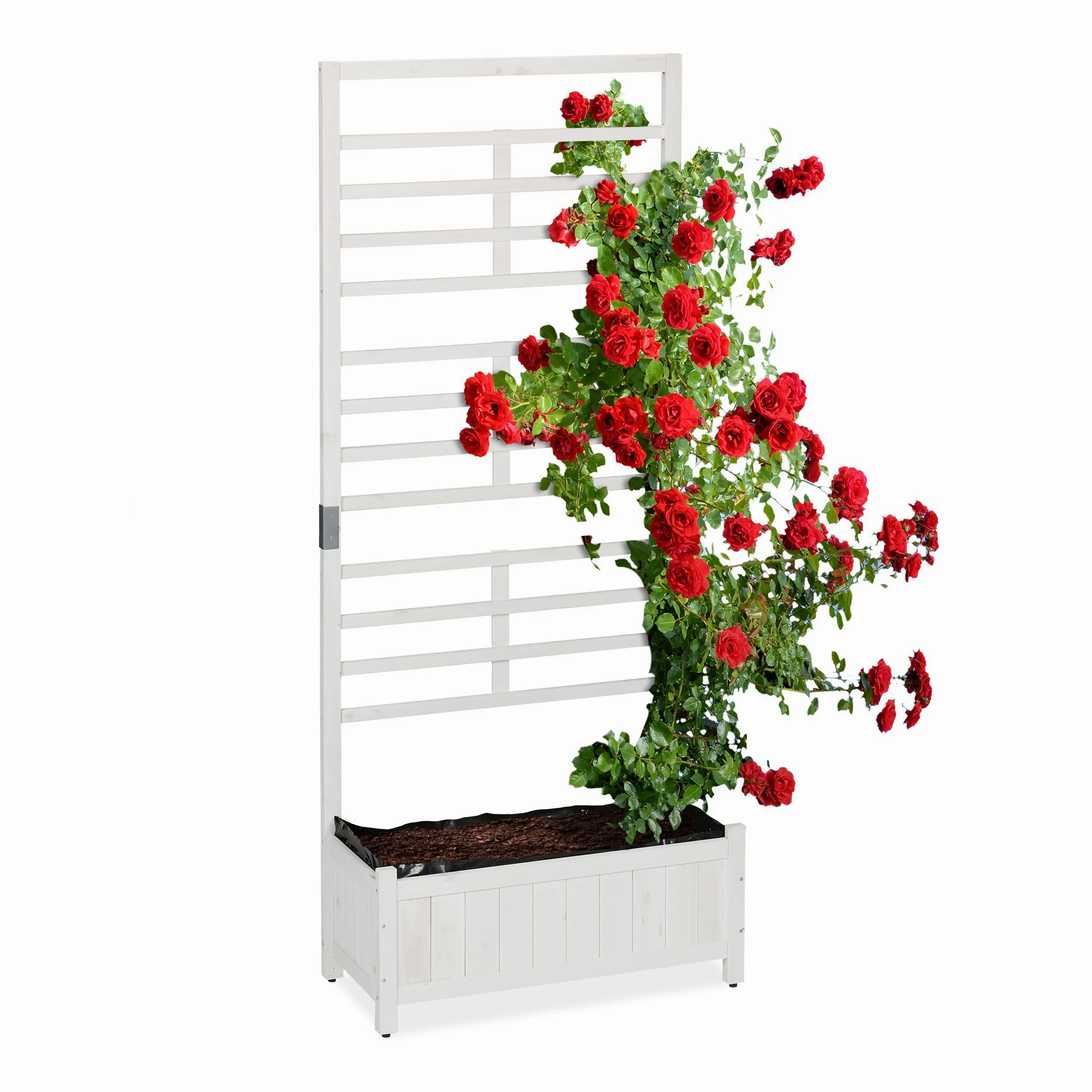 Relaxdays Jardinera con Enrejado, 171 x 71,5 x 32 cm, Macetero con Panel Enredaderas, Balcón y Jardín, Madera, Blanco
