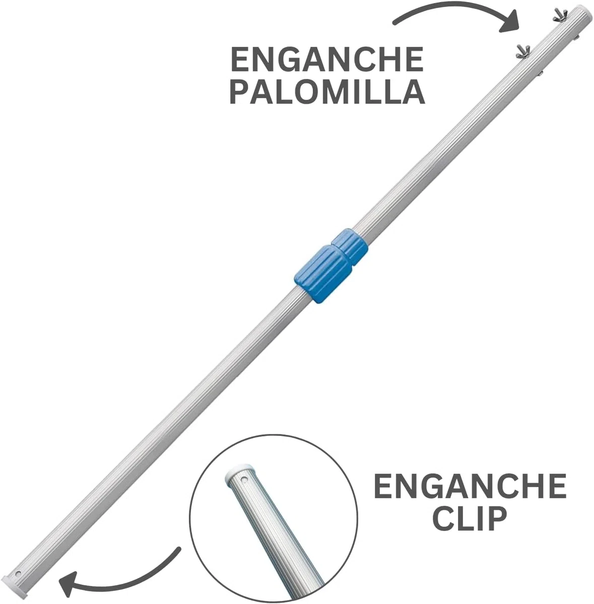 Pértiga Telescópica Piscina 2 Tramos 1,2 a 2,4m Keeper. Mango Aluminio con Clip y Palomilla. Rosca Exterior para Limpieza Piscinas, Redes, Cepillos, Aspiradores