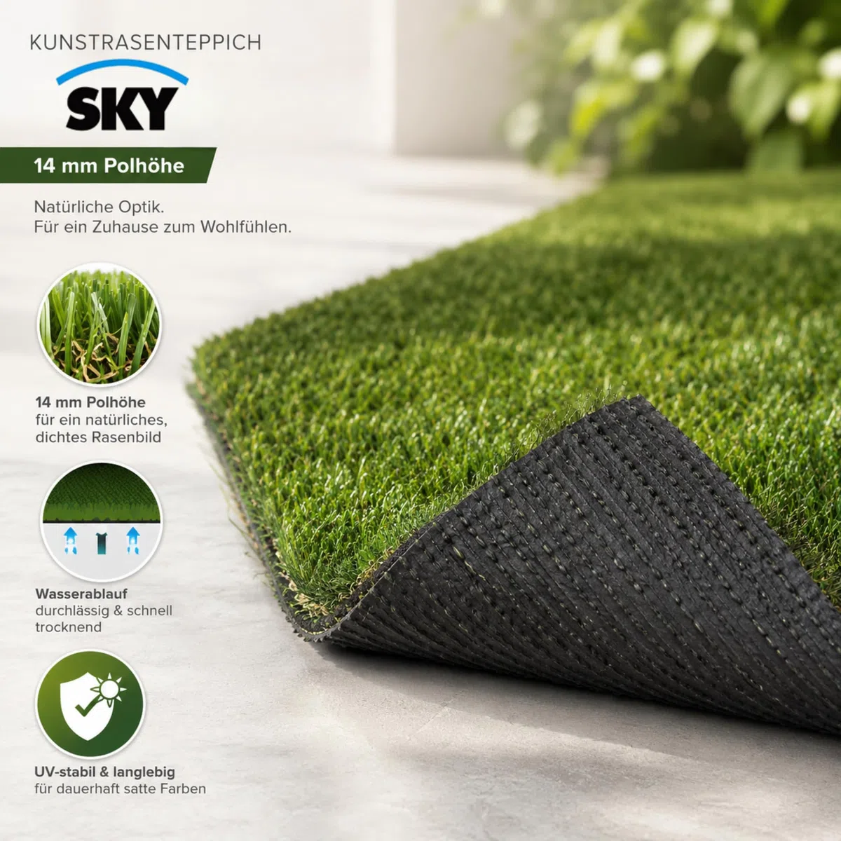 KARAT Sky Césped Artificial – Alfombra resistente a la intemperie para exteriores, para balcón, terraza y jardín – Premium Class – Riviera – Altura del pelo: 14 mm – 200 x 150 cm