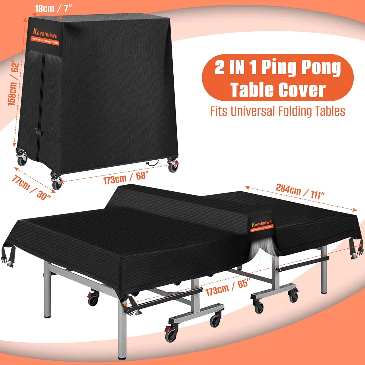 Kovshuiwe Funda para Mesa De Ping-Pong, Plegable, con Cremallera Impermeable, De Tela Oxford 420D, A Los Rayos UV Y Al Polvo, para Uso En Interiores Y Exteriores - 173 X 77 Pulgadas / 18 X 158 Cm