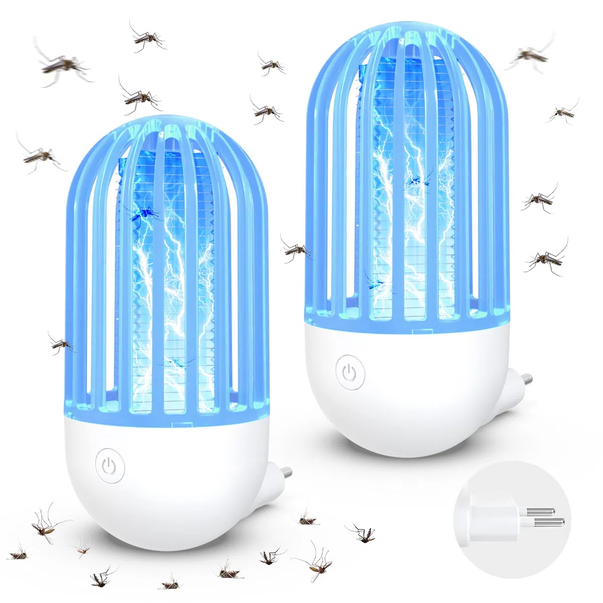 Mata Mosquitos Eléctrico Plug in 2 Packs Lámpara Antimosquitos Interior con Luz LED, 2100V Lampara Mosquitos Interior para Exteriores, Cocinas, Hogar, Jardín, Patio, Camping (Azul)