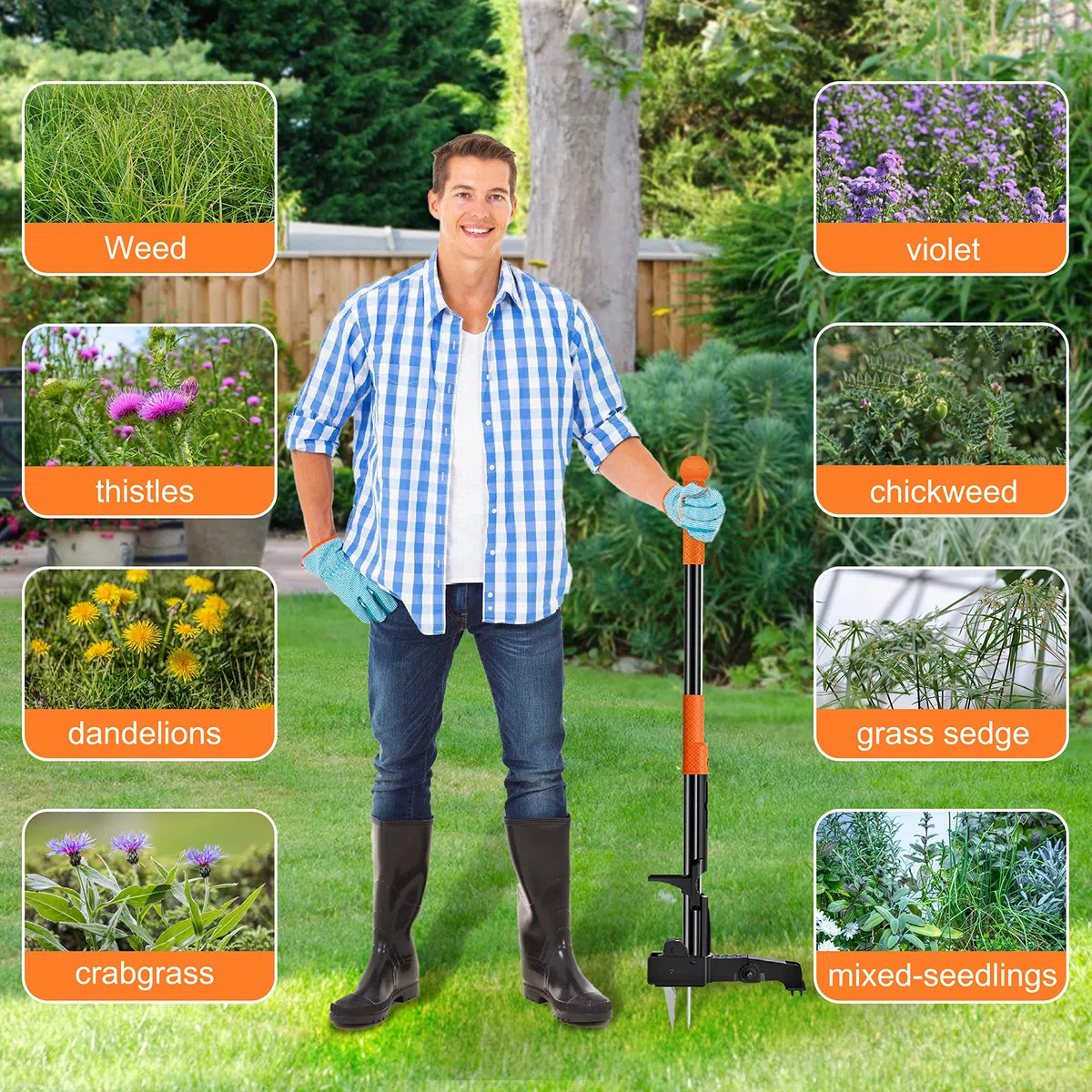 Extractor malas Hierbas - Extractor de Malezas con Bolsa, 102cm Mango Largo de Herramientas-Jardineria, sin Agacharse ni Arrodillarse